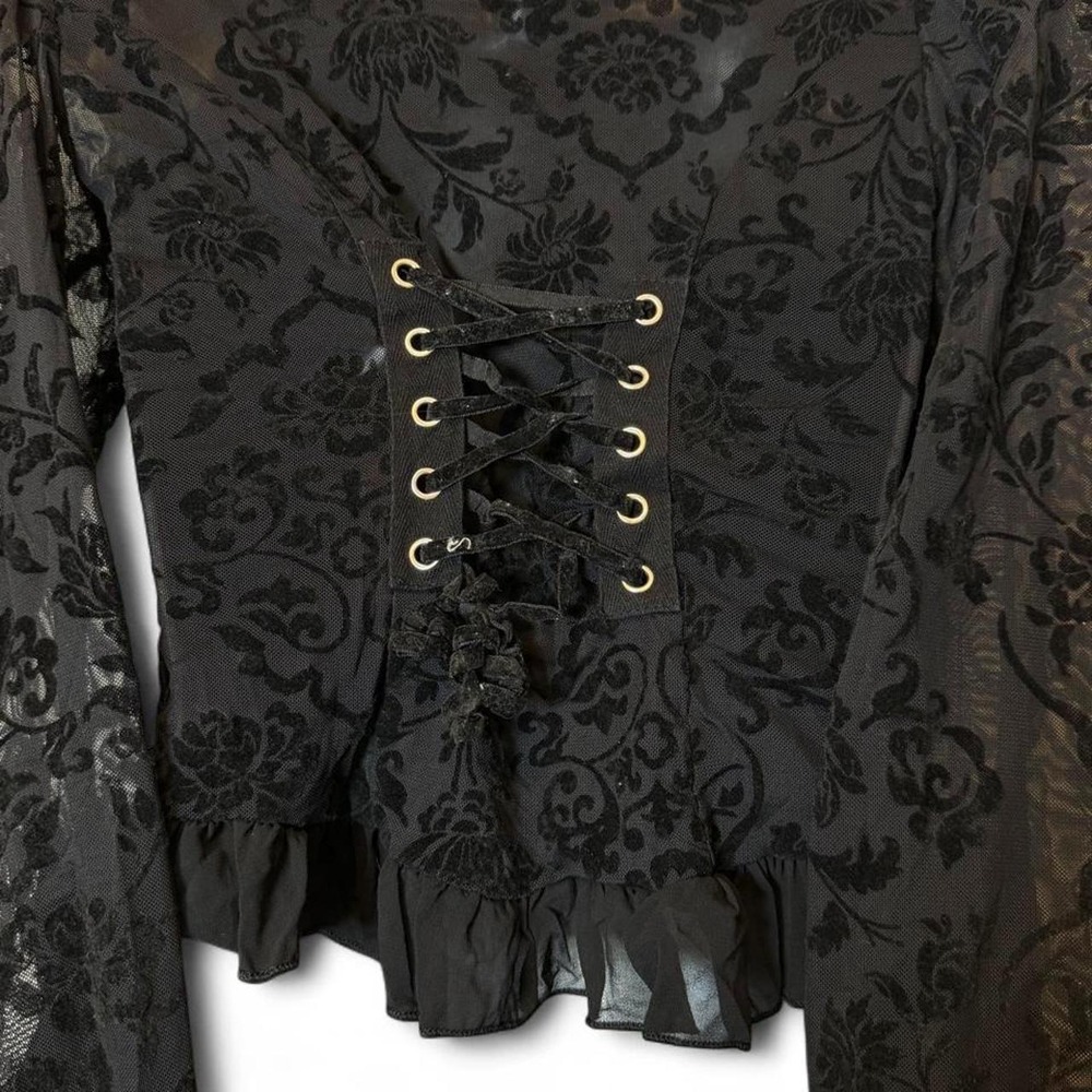 Vintage Y2K Whimsigoth Black Devore Burnout Velvet Lace Up Corset Ruffle Blouse - Picture 4 of 6
